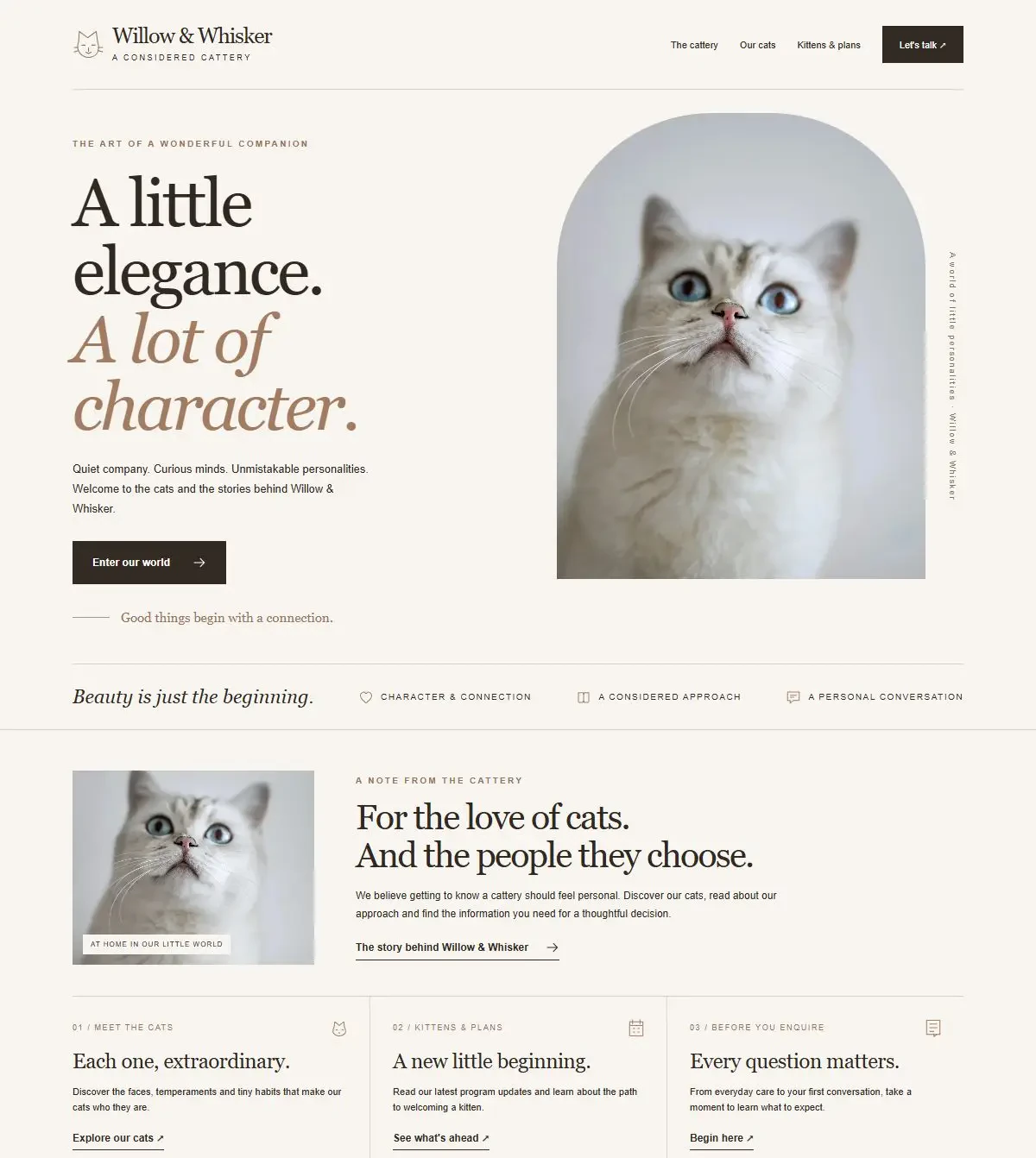 Rendered Willow & Whisker breeder website template, including navigation, hero and program introduction