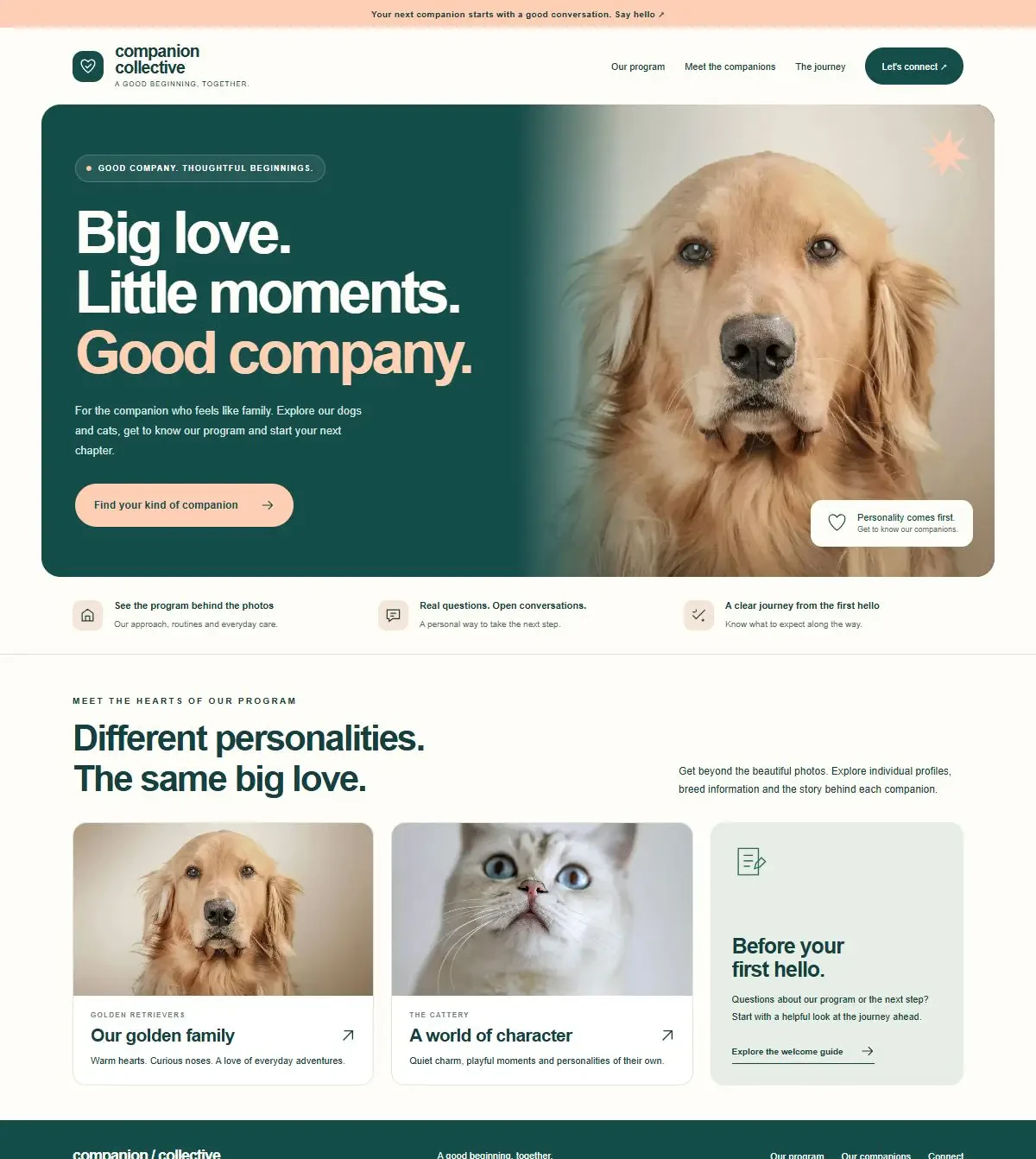 Rendered Companion Collective breeder website template, including navigation, hero and program introduction