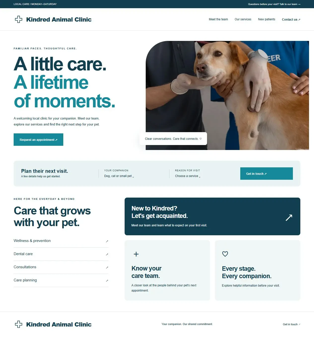 Kindred Animal Clinic original website concept with distinct vet photography and page layout